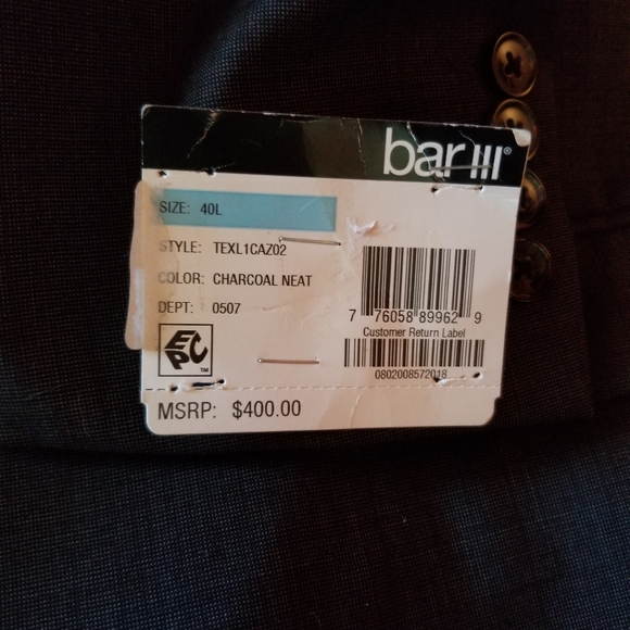 NWT Bar III Men's Wool Suit Coat Charcoal Sz 40L - Picture 5 of 8